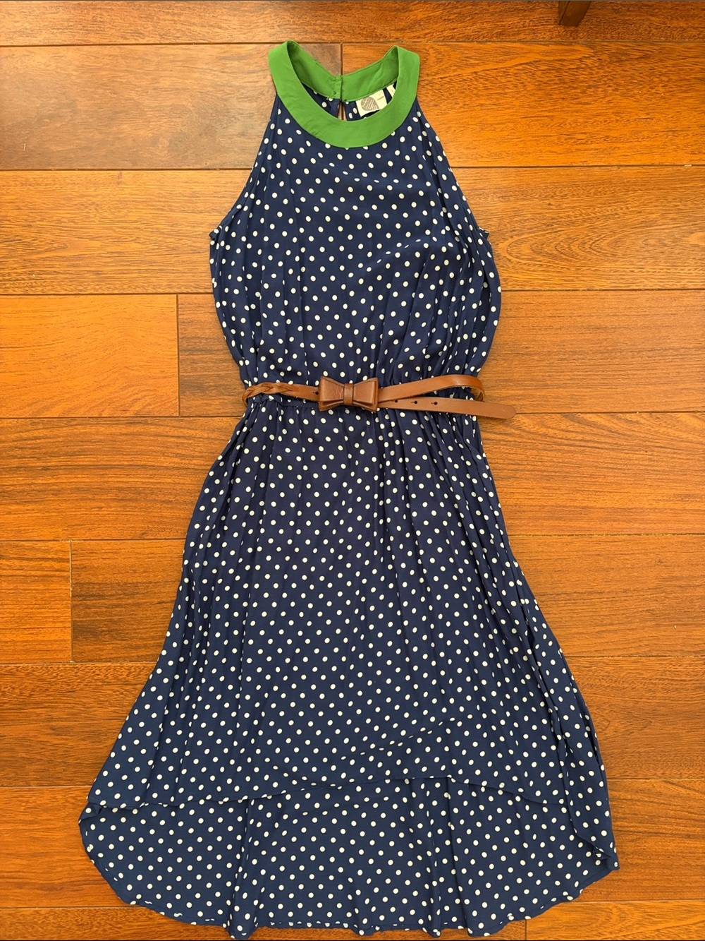 Anthropologie Navy Polka Dot Halter Dress with Green Neckline